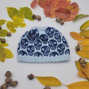 Hand Knit Handmade Hat Child OS Unisex Beanie Blue Skulls Skeletons KT009